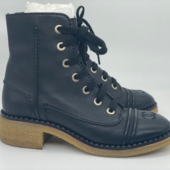 CHANEL 20P 2022 Leather CC Cap Toe Lace Up Combat Ankle Booties Boots - Picture 7 of 16